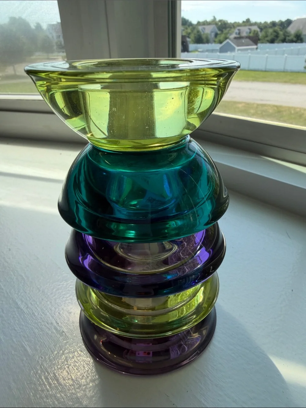 Crate&Barrel Colored Glass Votives in Purple, Teal, and Yellow-Green